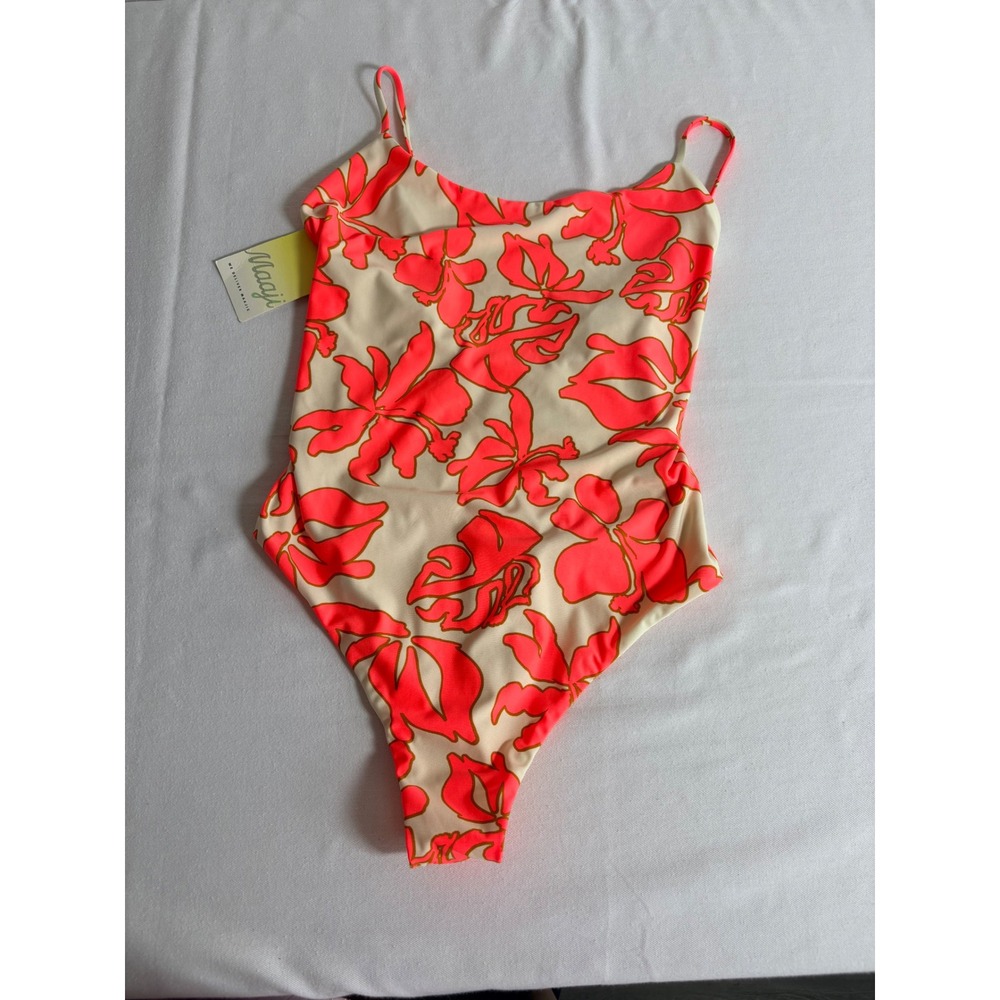 Maaji 1 Piece Swimsuit Large Pink Cream New Tropical Floral High Cut Scoop Neck